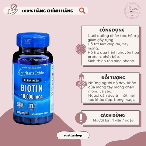[PURITAN'S PRIDE] Viên uống hỗ trợ mọc tóc, giảm rụng tóc Biotin 10.000mcg