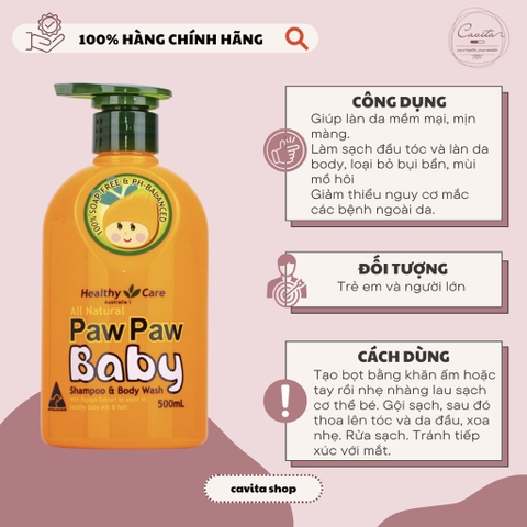 [HEALTHY CARE] Sữa tắm đu đủ Paw Paw Baby Shampoo Wash 500ml
