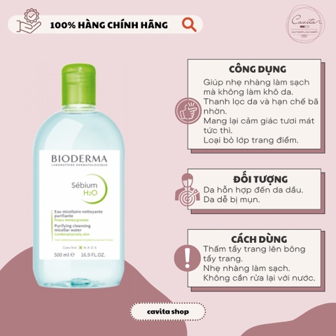 [BIODERMA] Nước tẩy trang Bioderma xanh cho da hỗn hợp, da dầu, mụn 500ml