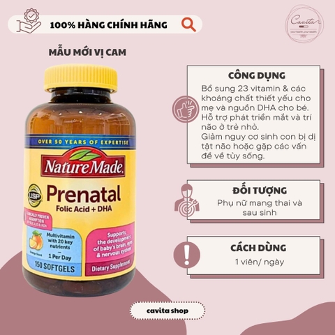[NATURE MADE] Viên vitamin tổng hợp bầu Mỹ Prenatal Folic Acid + DHA 150 viên