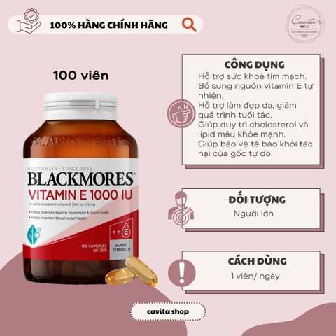 [BLACKMORES] Viên bổ sung Vitamin E tự nhiên 1000IU 100 viên