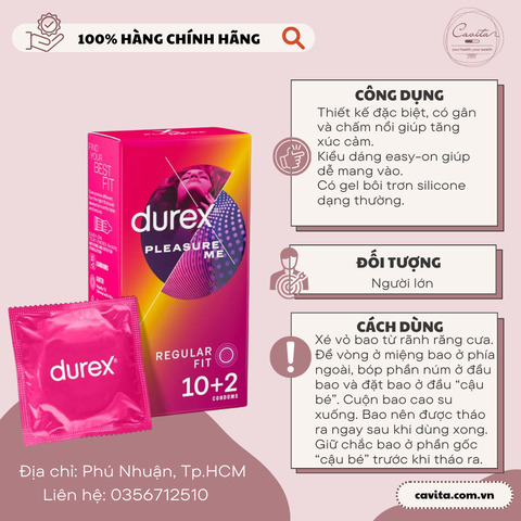 [DUREX] Bao cao su gân gai 12 cái Pleasure Me Condoms