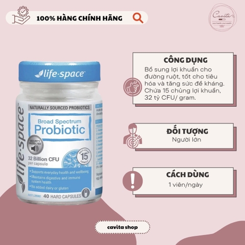 [LIFE SPACE] Men vi sinh hỗ trợ tiêu hóa & miễn dịch cho người lớn 40 viên - Broad Spectrum Probiotic