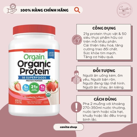 [ORGAIN] Bột bổ sung Protein vị Dâu 1.22kg - Plant Based Protein Powder