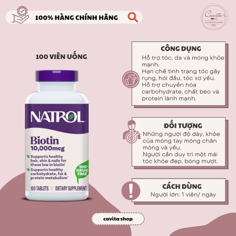 [NATROL] Viên uống hỗ trợ mọc tóc, giảm rụng tóc Biotin Beauty 10.000mcg 100 viên