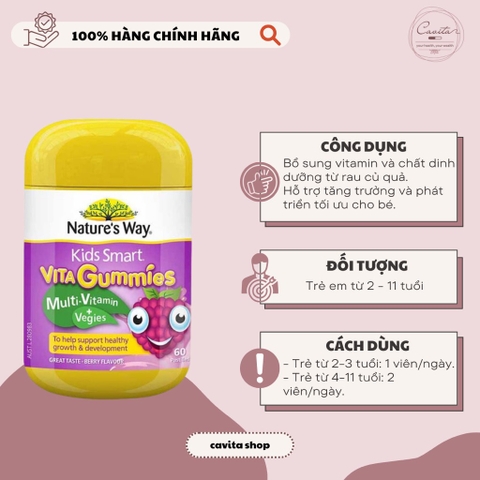 [NATURE'S WAY] Kẹo bổ sung vitamin tổng hợp từ rau củ Kids Smart Vita Gummies Multi Vitamin & Vegies 60 viên
