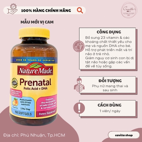 [NATURE MADE] Viên vitamin tổng hợp bầu Mỹ Prenatal Folic Acid + DHA 150 viên