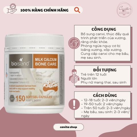[BIOISLAND] Viên bổ sung Canxi hữu cơ Milk Calcium Bone Care 150 viên