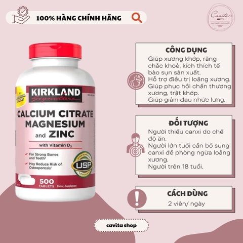[KIRKLAND] Viên uống bổ sung Canxi, Magie & Zinc 500 viên