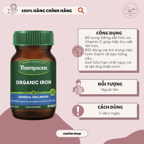 [THOMPSON] Viên bổ sung Sắt hữu cơ Organic Iron 30 viên