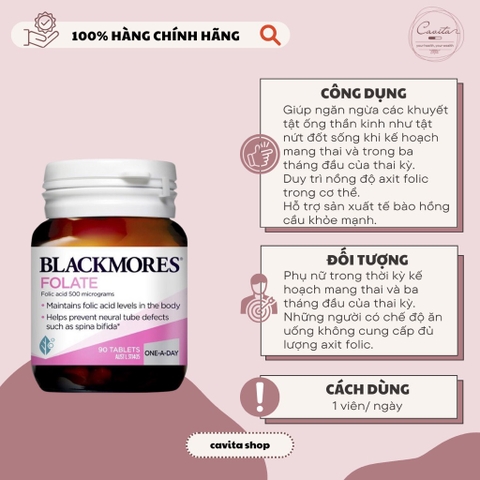[BLACKMORES] Viên uống bổ sung Axit Folic - Folate 500mcg 90 viên