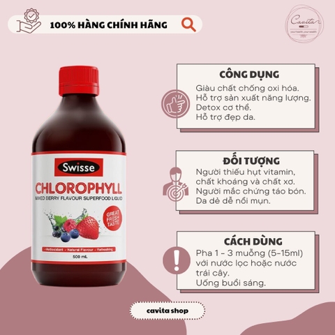 [SWISSE] Nước Diệp Lục Vị Dâu Chlorophyll Mixed Berry 500ml