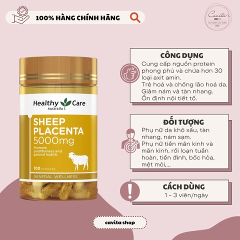 [HEALTHY CARE] Viên uống Nhau Thai Cừu Sheep Placenta 5000mg 100 viên