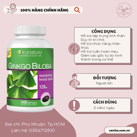 [TRUNATURE] Viên hoạt huyết dưỡng não Ginkgo Biloba 120mg 340 viên