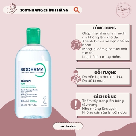 [BIODERMA] Nước tẩy trang Bioderma xanh cho da hỗn hợp, da dầu, mụn 500ml