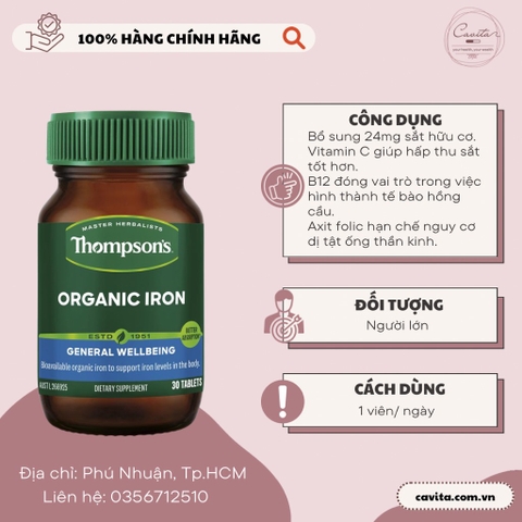 [THOMPSON] Viên bổ sung Sắt hữu cơ Organic Iron 30 viên