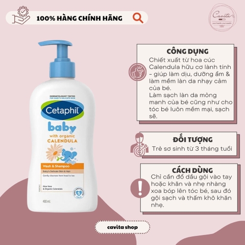 [CETAPHIL] Sữa tắm gội dịu lành cho bé Cetaphil Baby Wash & Shampoo với Hoa cúc Calendula hữu cơ