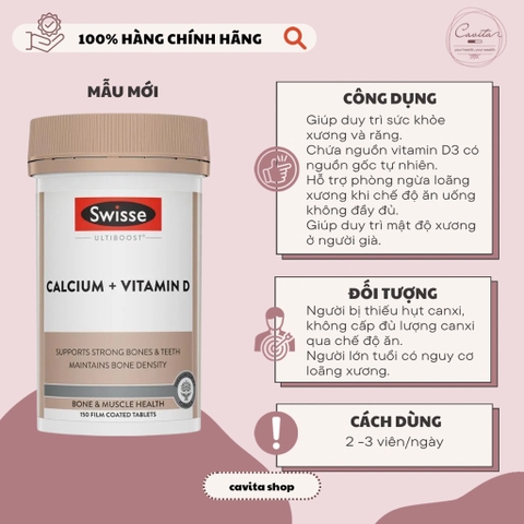 [SWISSE] Viên uống bổ sung Canxi Hữu Cơ 150 viên Ultiboost Calcium + Vitamin D