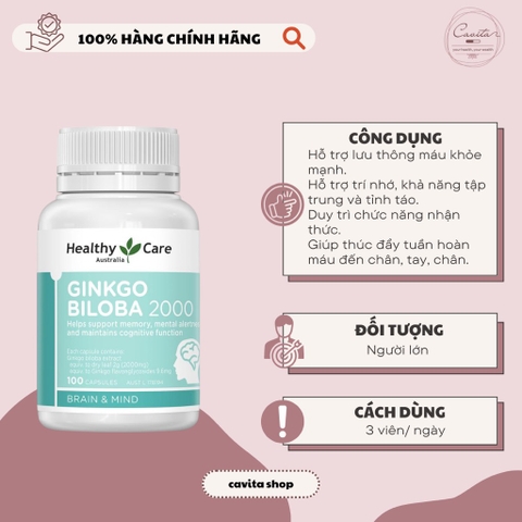 [HEALTHY CARE] Viên hoạt huyết dưỡng não Ginkgo Biloba 2000mg 100 viên