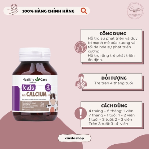 [HEALTHY CARE] Viên uống bổ sung Canxi cho bé Kids Milk Calcium 60 viên