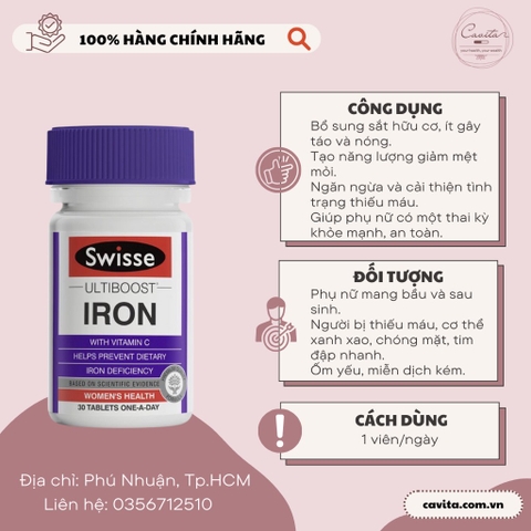 [SWISSE] Viên uống bổ sung Sắt Hữu Cơ Ultiboost Iron 30 viên