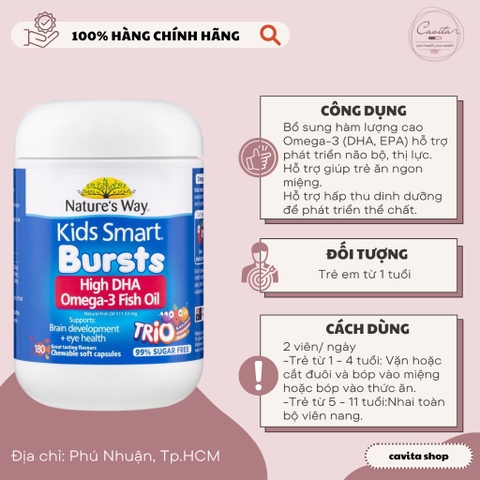 [NATURE'S WAY] Kẹo bổ sung Omega 3 hàm lượng cao 180 viên Kids Smart Bursts High DHA Omega-3 Fish Oil Trio
