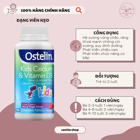 [OSTELIN] Kẹo khủng long bổ sung Canxi & vitamin D3 cho bé 90 viên - Kids Calcium & Vitamin D Chewable