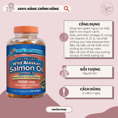 [PURE ALASKA OMEGA] Dầu cá hồi nguyên chất Wild Alaskan Salmon Oil Omega 3 1000mg 210 viên
