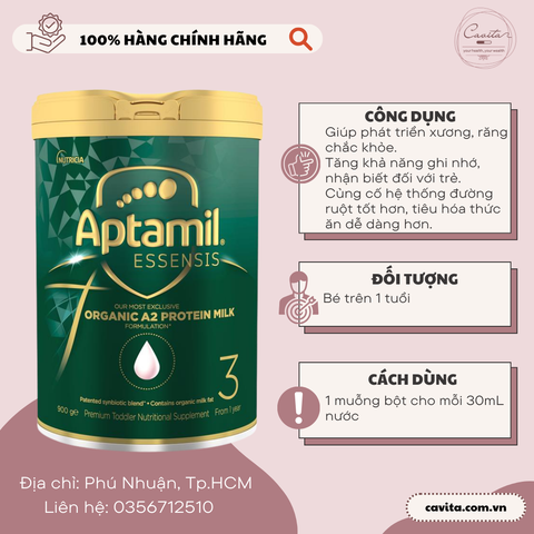 [APTAMIL] Sữa Aptamil Essensis Organic A2 Protein Milk Úc số 1, 2, 3 hộp 900 gram