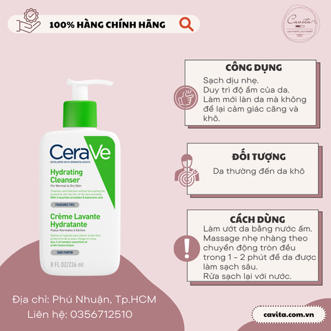 [CERAVE] Sữa rửa mặt CeraVe cho Da Thường đến Da Khô Hydrating Cleanser