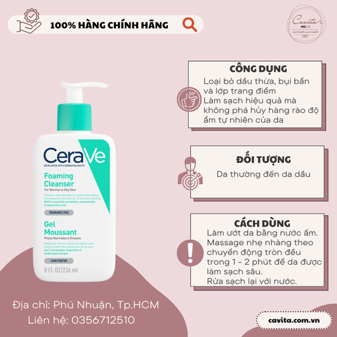 [CERAVE] Sữa rửa mặt CeraVe cho Da Thường đến Da Dầu Foaming Cleanser