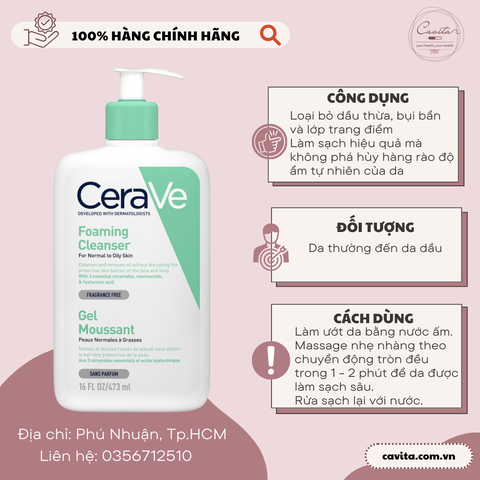 [CERAVE] Sữa rửa mặt CeraVe cho Da Thường đến Da Dầu Foaming Cleanser