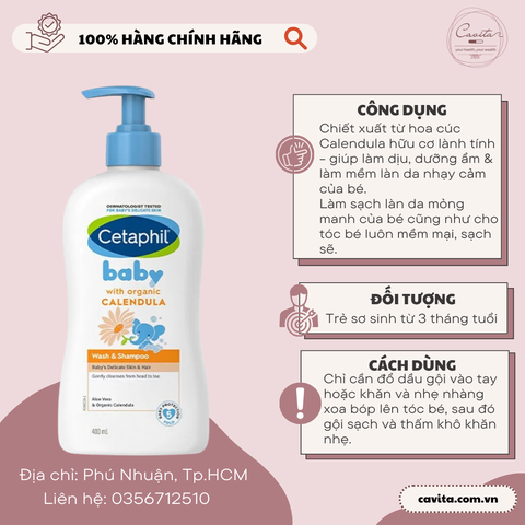 [CETAPHIL] Sữa tắm gội dịu lành cho bé Cetaphil Baby Wash & Shampoo với Hoa cúc Calendula hữu cơ
