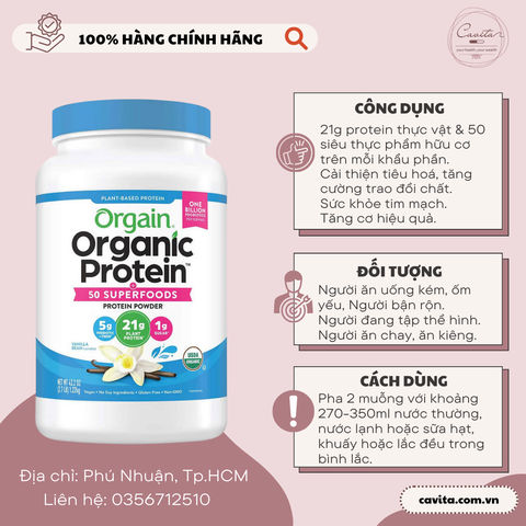 [ORGAIN] Bột bổ sung Protein vị Vani 1.22kg - Plant Based Protein Powder
