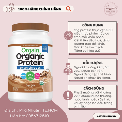 [ORGAIN] Bột bổ sung Protein vị Cà phê Latte 1.22kg - Plant Based Protein Powder