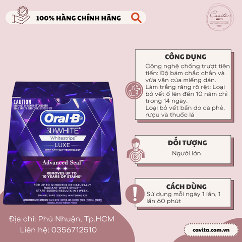 [ORAL B] Miếng dán răng 14 cặp Oral B 3D White Luxe Advanced Seal 14 Teeth Whitening Treatments