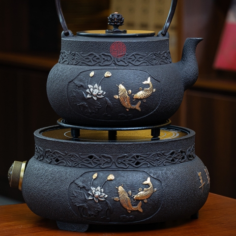 BỘ ẤM GANG - BẾP GANG NẤU NƯỚC ĐÚC NỔI SONG NGƯ