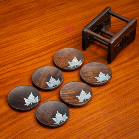 LÓT CHÉN TRÒN GỖ GỤ ĐÍNH LÁ INOX