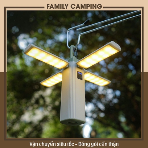 Đèn LED Treo Lều Da Năng Gấp Gọn 4 Cánh, Đèn Pin Kiêm Sạc Dự Phòng Chống Thấm Nước Cắm Trại Dã Ngoại