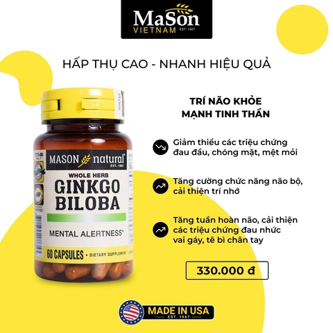 TPBVSK MASON NATURAL GINKGO BILOBA H/60V - HỖ TRỢ TĂNG CƯỜNG SỨC KHỎE NÃO BỘ, CẢI THIỆN TRÍ NHỚ