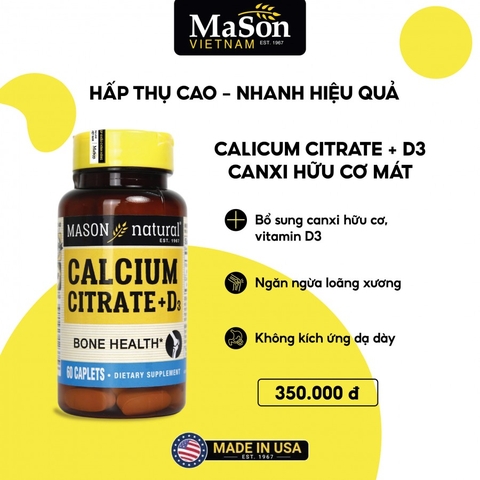 TPBVSK MASON NATURAL CALCIUM CITRATE +D3 HỘP 60V - BỔ SUNG CANXI HỮU CƠ CHO CƠ THỂ