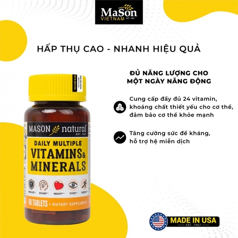 TPBVSK MASON NATURAL DAILY MULTIPLE VITAMINS WITH MINERAS HỘP 60 VIÊN - BỔ SUNG VITAMIN CHO CƠ THỂ