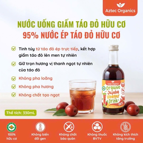 Aztec Organics Nước Uống Giấm Táo Đỏ hữu cơ - 95% Nước ép Táo Đỏ hữu cơ 330ml