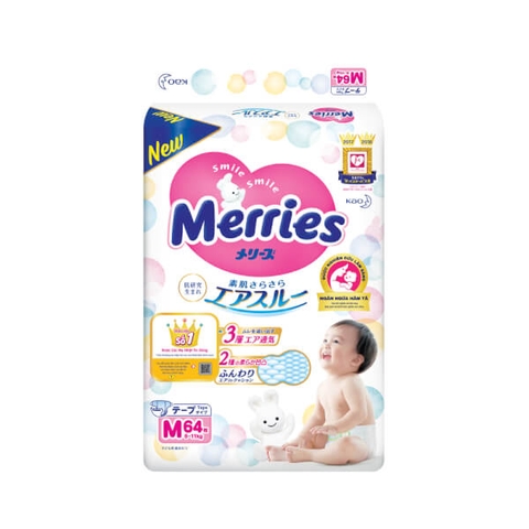 Bỉm tã dán Merries size M 64 miếng (6-11kg)