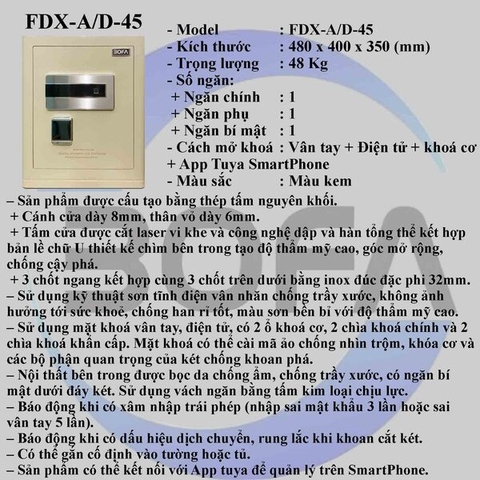 Két sắt nhập khẩu BOFA FDX-A/D45F vân tay+điện tử+app kết nối điện thoại