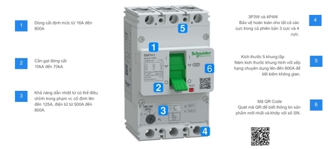 Cầu dao, GoPact MCCB 250, 3 Pha, 36kA - 415VAC, Dòng định mức 250A, bảo vệ nhiệt cố định