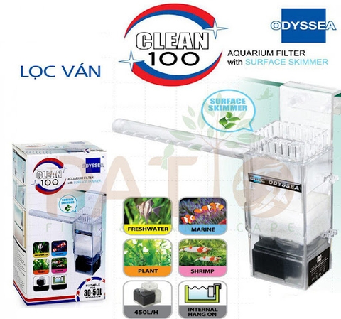 Lọc Váng Odyssea Clean 100 kết hợp thổi mặt tạo Oxy cao cấp dùng bể cá, hồ thủy sinh 30 - 50L