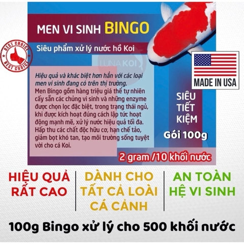 Men Vi Sinh cá koi BINGO 100g làm trong nước, phân huỷ chất thải, hạn chế rêu hồ cá (Hàng Cty)