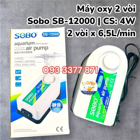 Máy sủi oxy 2 vòi siêu êm Sobo SB-12000 | Máy sục oxi 2 vòi cho bể cá cảnh (Hàng Công Ty)