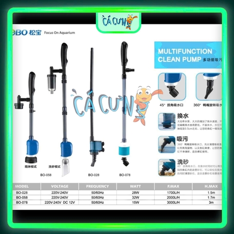 Máy Hút Vệ Sinh Hồ Cá Sobo DC 12V Chống Giật Điều Chỉnh Lưu Lượng BO-078 & BO-028 BO-058 (Hàng CTY))